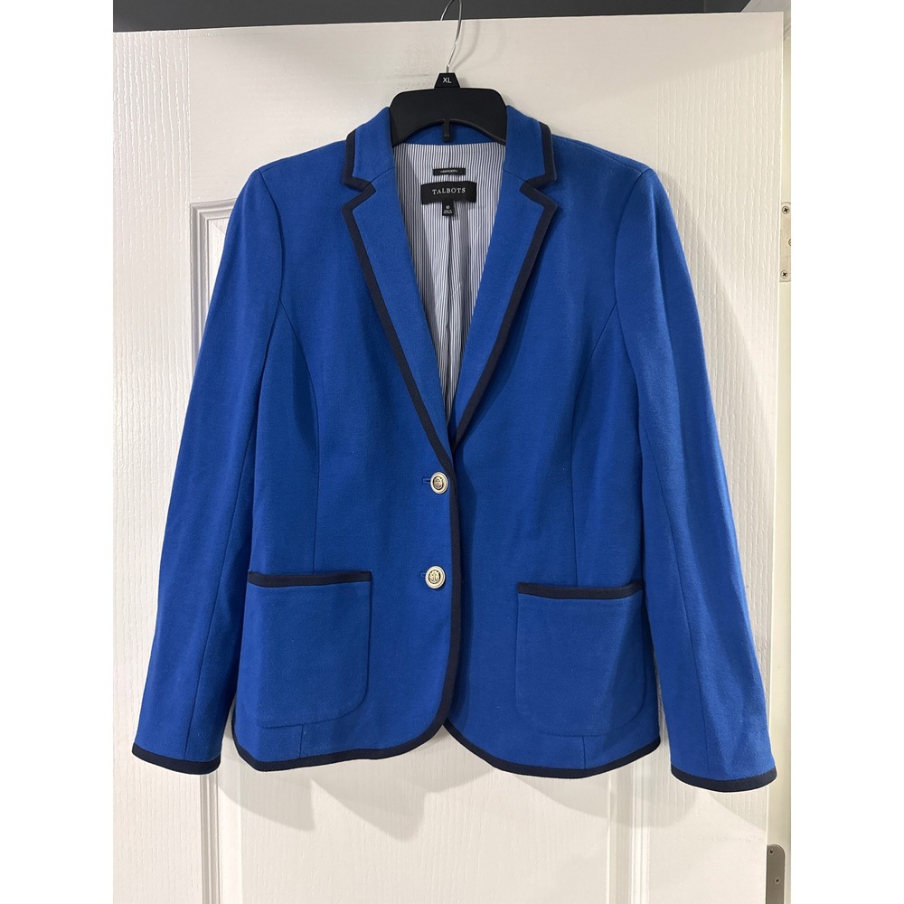 Talbots Aberdeen‎ Royal Blue Knit Blazer Gold Crest Buttons Navy Trim Womens 10